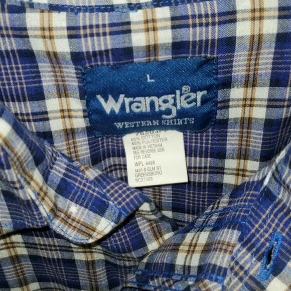 Wrangler Western Wear Sz. L Blue Plaid Pearl Snap SS Casual Button Down Shirt - Picture 4 of 14